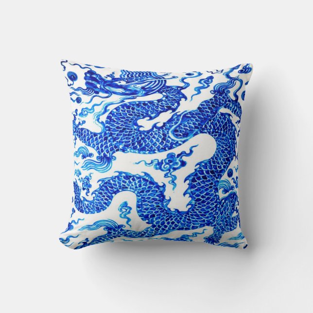 Blue Chinese Dragon Vintage Illustration Art Throw Pillow (Front)
