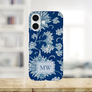 Blue Chinese Floral Custom Monogram iPhone 16 Case