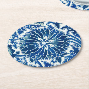 Blue Chinese Floral Pattern Round Paper Coaster