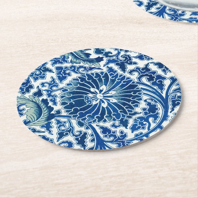 Blue Chinese Floral Pattern Round Paper Coaster (Angled)
