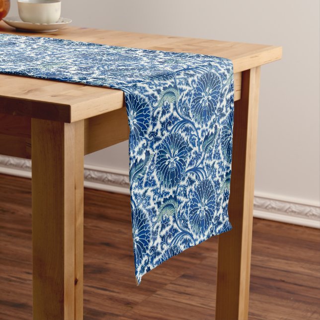 Blue Chinese Floral Pattern Short Table Runner (In Situ)
