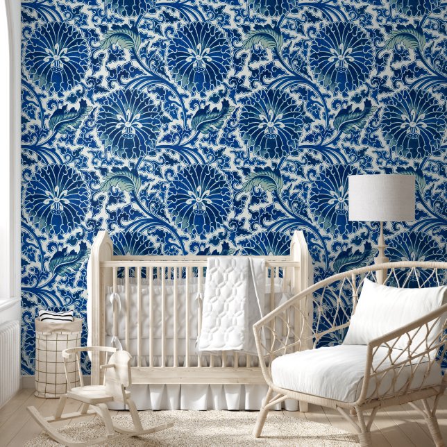 Blue Chinese Floral Pattern Wallpaper (Kids)