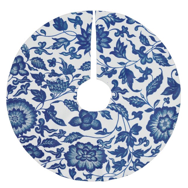 Blue Chinese Ornamental Floral  Brushed Polyester Tree Skirt (Front)