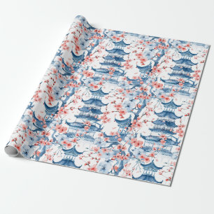 Blue Chinese Pagoda Cherry Blossom Pattern Wrapping Paper