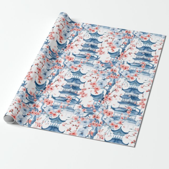 Blue Chinese Pagoda Cherry Blossom Pattern Wrapping Paper (Unrolled)