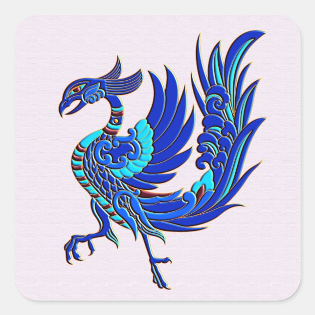 Blue chinese phoenix square sticker (Front)