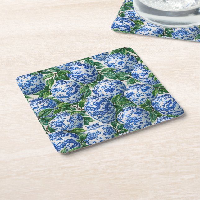 Blue Chinese Porcelain Ginger Jar Square Paper Coaster (Angled)