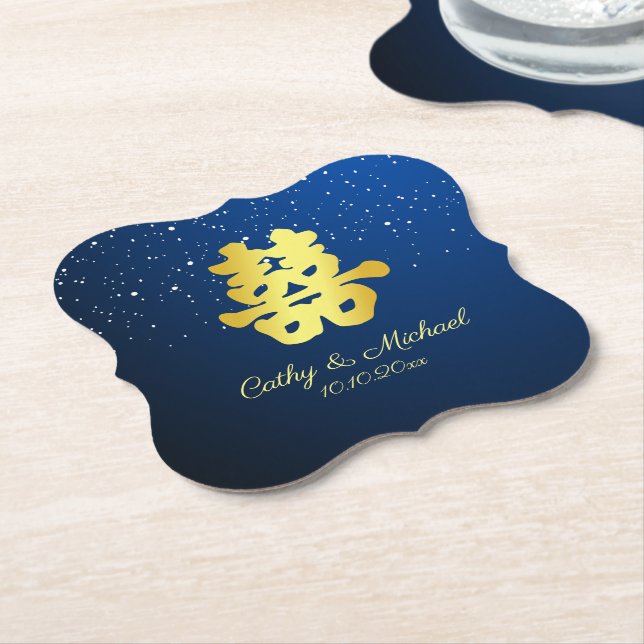Blue Chinese wedding starry night double happiness Paper Coaster (Angled)