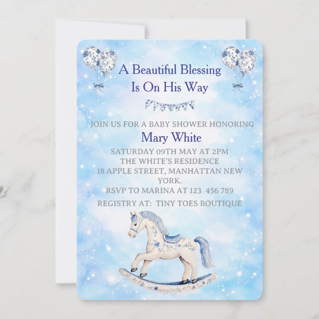 Blue Chinoiserie Baby Shower Invitation (Front)