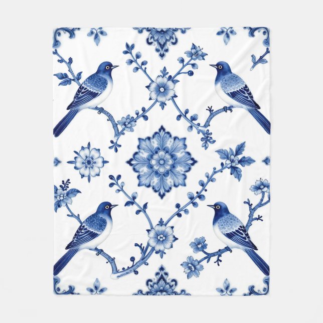 Blue Chinoiserie Bird Floral Pattern Fleece Blanket (Front)
