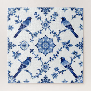 Blue Chinoiserie Bird Floral Pattern Jigsaw Puzzle
