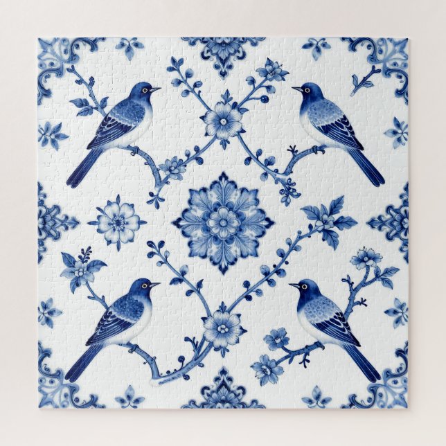 Blue Chinoiserie Bird Floral Pattern Jigsaw Puzzle (Vertical)
