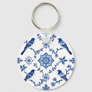 Blue Chinoiserie Bird Floral Pattern Keychain
