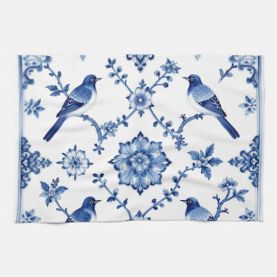 Blue Chinoiserie Bird Floral Pattern Kitchen Towel