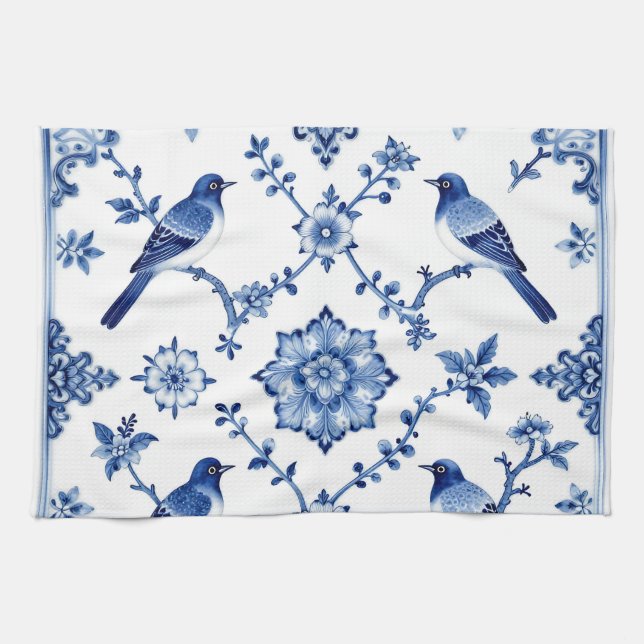 Blue Chinoiserie Bird Floral Pattern Kitchen Towel (Horizontal)