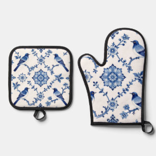 Blue Chinoiserie Bird Floral Pattern Oven Mitt & Pot Holder Set