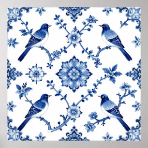 Blue Chinoiserie Bird Floral Pattern Poster