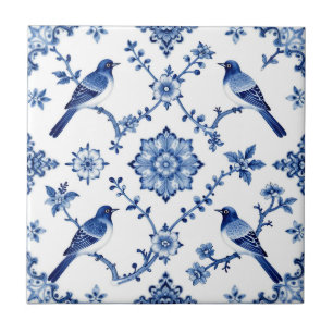 Blue Chinoiserie Bird Floral Pattern Tile