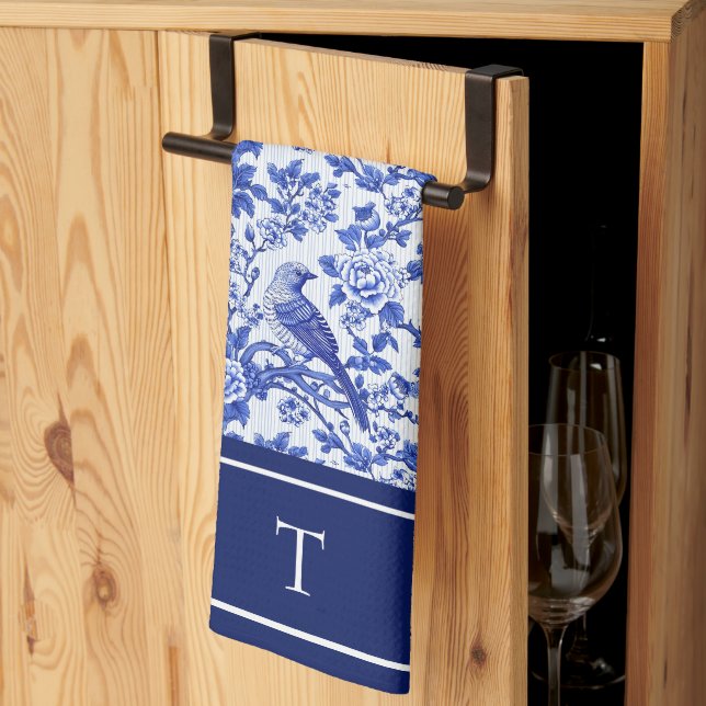 Blue Chinoiserie Bird Monogram Floral Kitchen Towel (Thirds Fold)