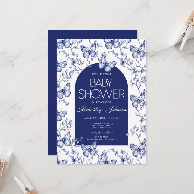 Blue Chinoiserie Butterfly Baby Shower Invitation (Front/Back In Situ)
