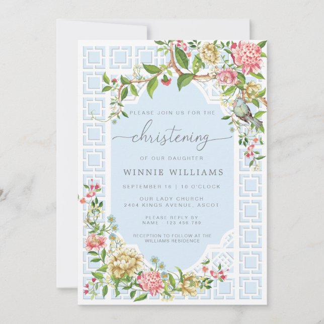 Blue Chinoiserie Christening Invitation Trianon (Front)