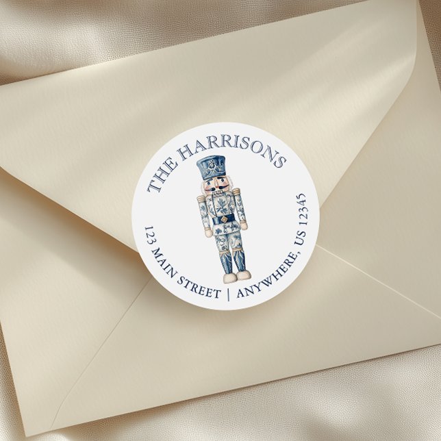 Blue Chinoiserie Christmas Nutcracker Address Classic Round Sticker (Creator Uploaded)