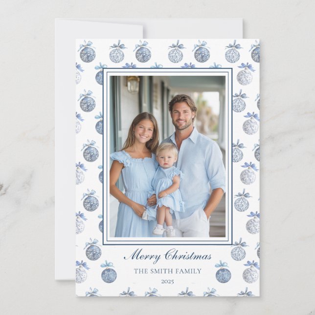 Blue Chinoiserie Christmas Ornament Grandmillenial Holiday Card (Front)
