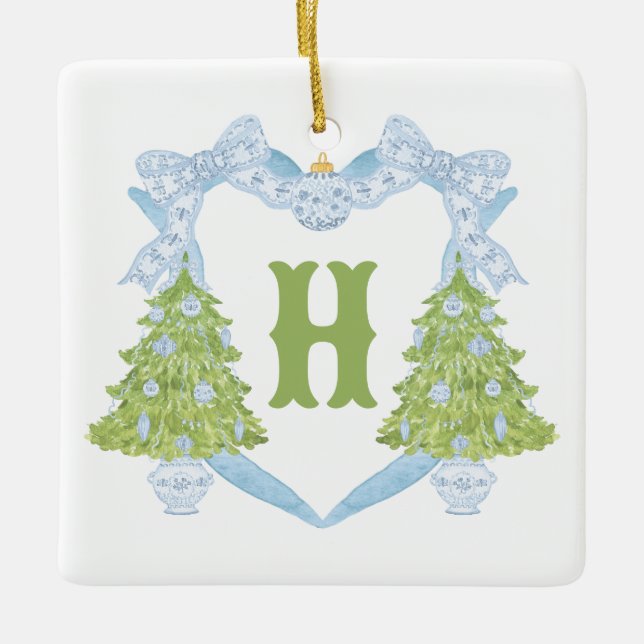 Blue Chinoiserie Christmas Tree Monogram Crest Ceramic Ornament (Front)