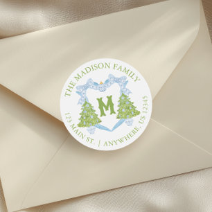 Blue Chinoiserie Christmas Tree Monogram Crest Classic Round Sticker