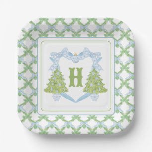 Blue Chinoiserie Christmas Tree Monogram Crest Paper Plate