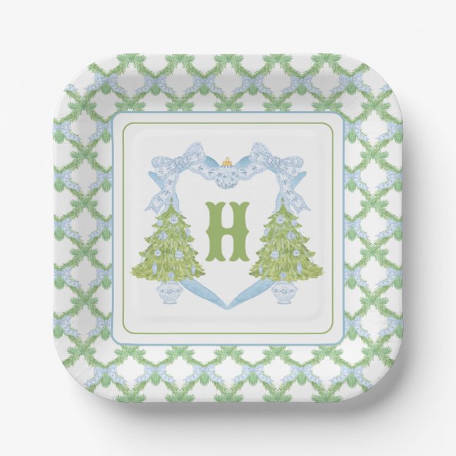 Blue Chinoiserie Christmas Tree Monogram Crest Paper Plate (Front)