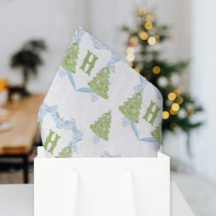 Blue Chinoiserie Christmas Tree Monogram Crest Tissue Paper