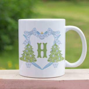 Blue Chinoiserie Christmas Tree Monogram Crest Two-Tone Coffee Mug