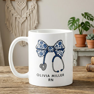 Blue Chinoiserie Coquette Bow RN Nurse Graduation Coffee Mug