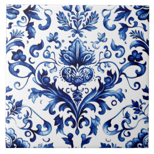 Blue Chinoiserie Damask Baroque ornament Tile
