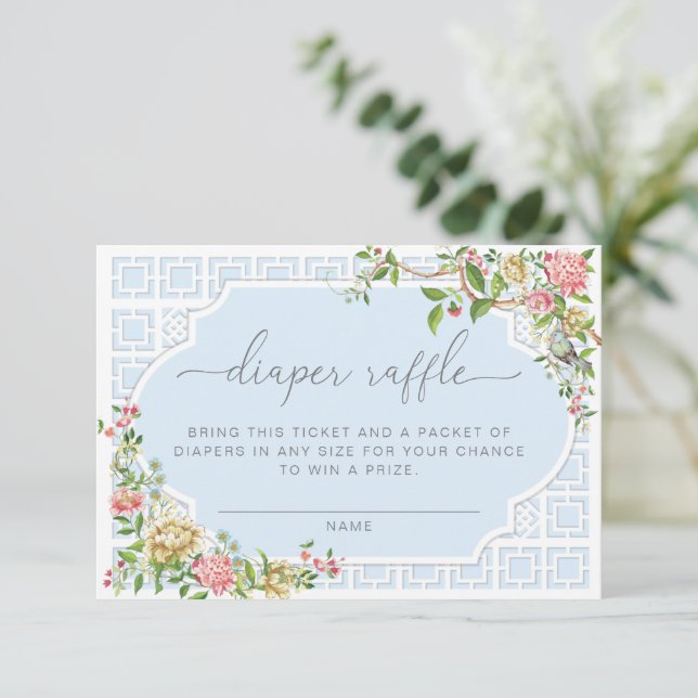 Blue Chinoiserie Diaper Raffle Ticket - Trianon Enclosure Card (Standing Front)