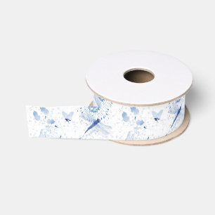 Blue Chinoiserie Dragonfly Floral Grosgrain Ribbon