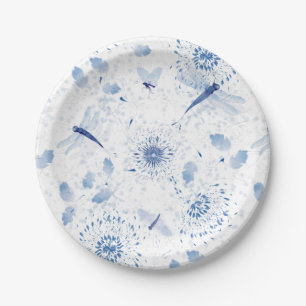 Blue Chinoiserie Dragonfly Floral Paper Plate