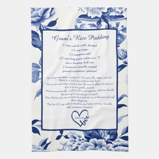Blue Chinoiserie Family Recipe Keepsake Custom  Kitchen Towel (Vertical)
