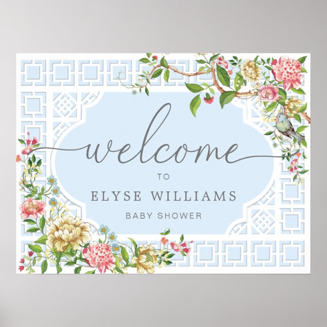 Blue Chinoiserie Floral Baby Shower Welcome Sign (Front)
