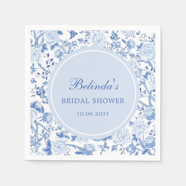 Blue Chinoiserie Floral Birds Bridal Shower Napkin (Front)
