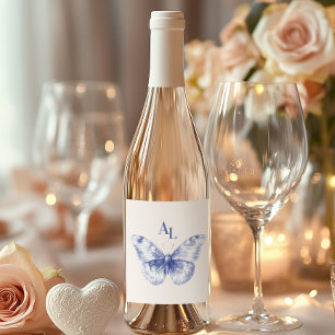 Blue Chinoiserie Floral Botanical Wedding Wine Label