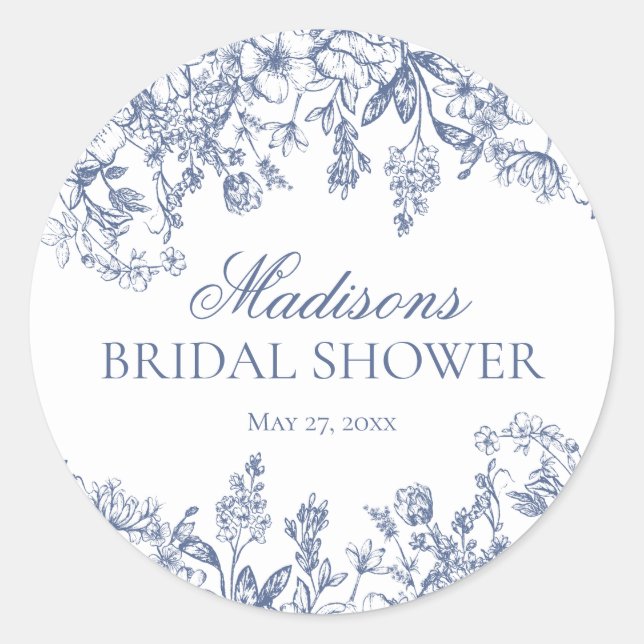 Blue Chinoiserie Floral Bridal Shower Envelope Classic Round Sticker (Front)