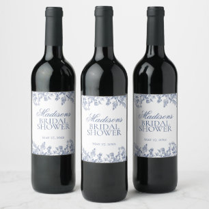 Blue Chinoiserie Floral Bridal Shower Favors Wine Label