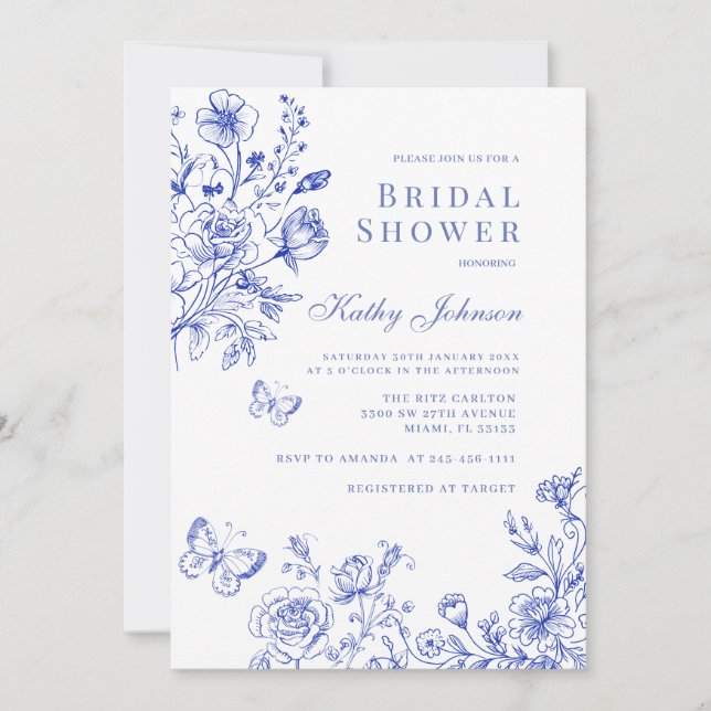Blue Chinoiserie Floral Bridal Shower  Invitation (Front)