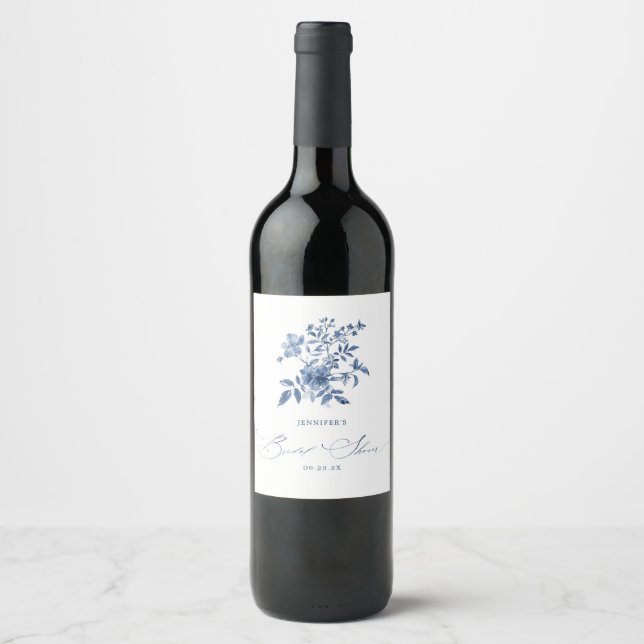 Blue Chinoiserie Floral Bridal Shower Wine Label (Front)