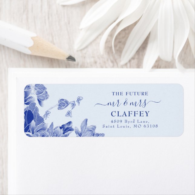 Blue Chinoiserie Floral Mariage Adresse de retour (En situation)