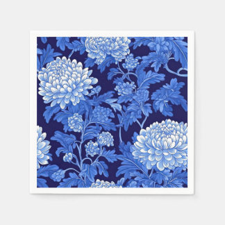 Blue Chinoiserie Floral on Black Background Napkin