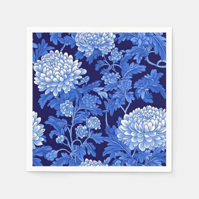 Blue Chinoiserie Floral on Black Background Napkin (Front)