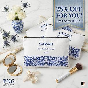 Blue Chinoiserie Floral Personalized Bridal Squad Accessory Pouch